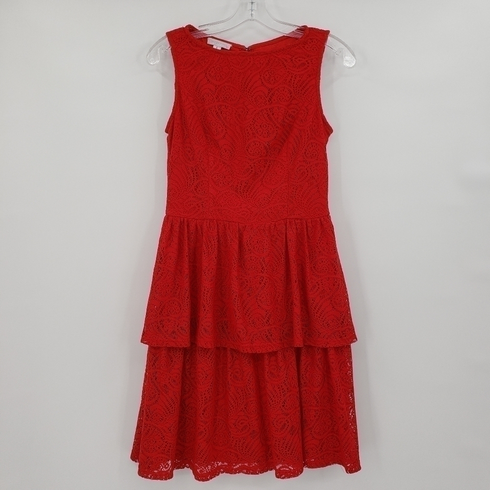 London Times Red Tiered Lace Sleeveless Dress